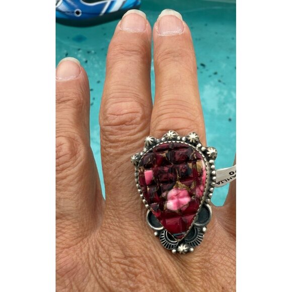 Artisan Rose Dahlia Southwest Mosaic Carved Adj Sterling Silver Statement Ring - Picture 1 of 10